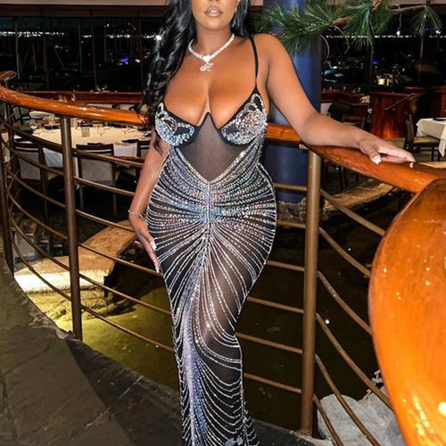 Sequined Drill Sexy Dress For Party Women Suspender Wrap Chest Mesh Perspective Dress Hot Ladies V-Neck Long Vestidos