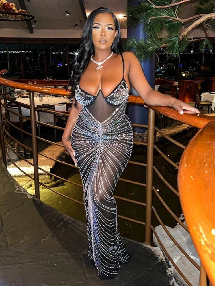 Sequined Drill Sexy Dress For Party Women Suspender Wrap Chest Mesh Perspective Dress Hot Ladies V-Neck Long Vestidos