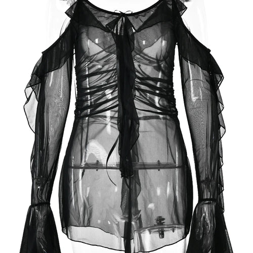 Load image into Gallery viewer, Elegant Mesh Patchwork Ruffled Short Skirt Women's Long Sleeved Sexy Open Back Transparent Vestidos Holiday Party Beach
