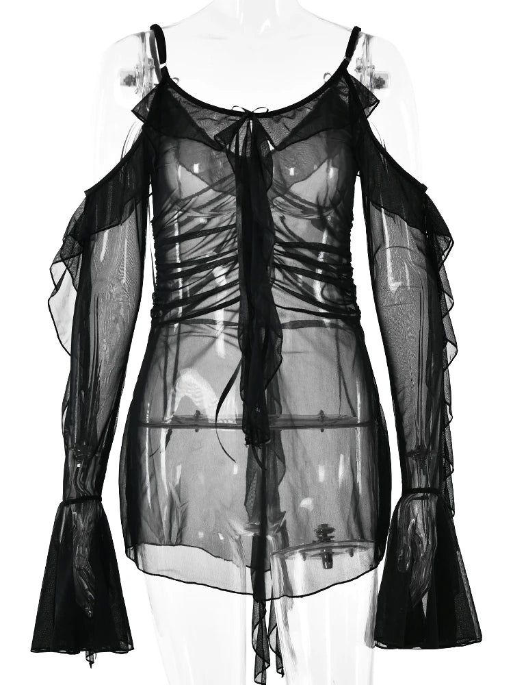 Elegant Mesh Patchwork Ruffled Short Skirt Women's Long Sleeved Sexy Open Back Transparent Vestidos Holiday Party Beach