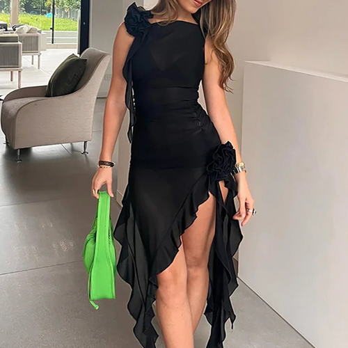 Load image into Gallery viewer, Tulle Flower Asymmetrical RUFFLES O-Neck Tank Mini Dress Women Mesh See Through Sexy Wrap Dress Elegant Slim Partywear
