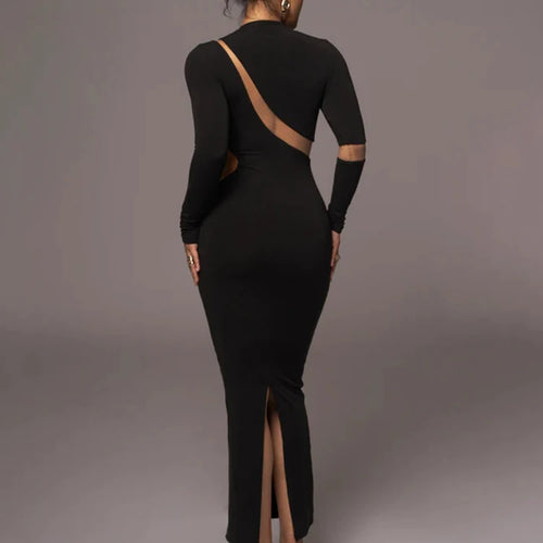 Load image into Gallery viewer, Turtleneck Long Sleeve Bodycon Maxi Dress For Women Autumn New Patchwork Hollow Out Club Party Sexy Long Dress Vestidos
