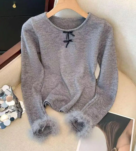 Autumn Winter Blue Bow Long Sleeves Knitted Sweater French Fashion Women's Grey Round Neck Elegant Short Tops Streetwear Trendy