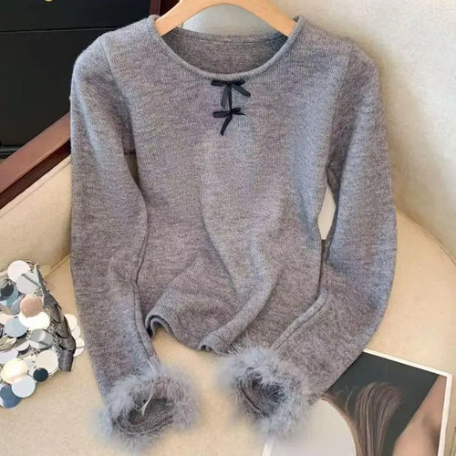 Load image into Gallery viewer, Autumn Winter Blue Bow Long Sleeves Knitted Sweater French Fashion Women's Grey Round Neck Elegant Short Tops Streetwear Trendy

