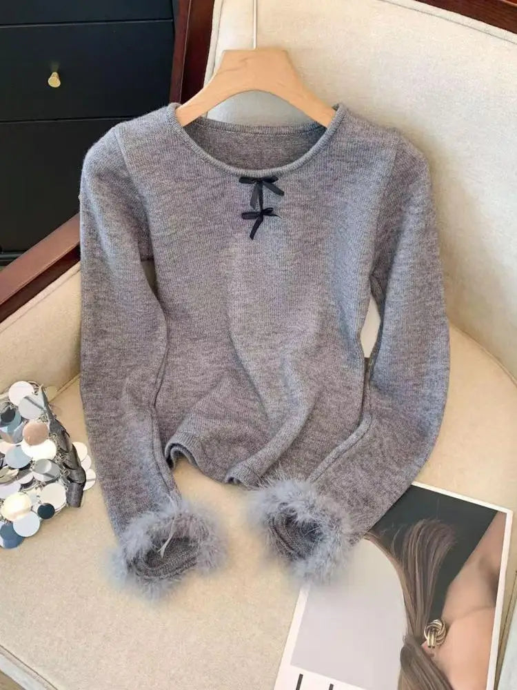Autumn Winter Blue Bow Long Sleeves Knitted Sweater French Fashion Women's Grey Round Neck Elegant Short Tops Streetwear Trendy
