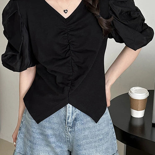 Load image into Gallery viewer, Pleated Solid Color Puff Sleeve Women Blouse White V-neck French Style Elegant Female Blouses Summer Chic Office Ladies
