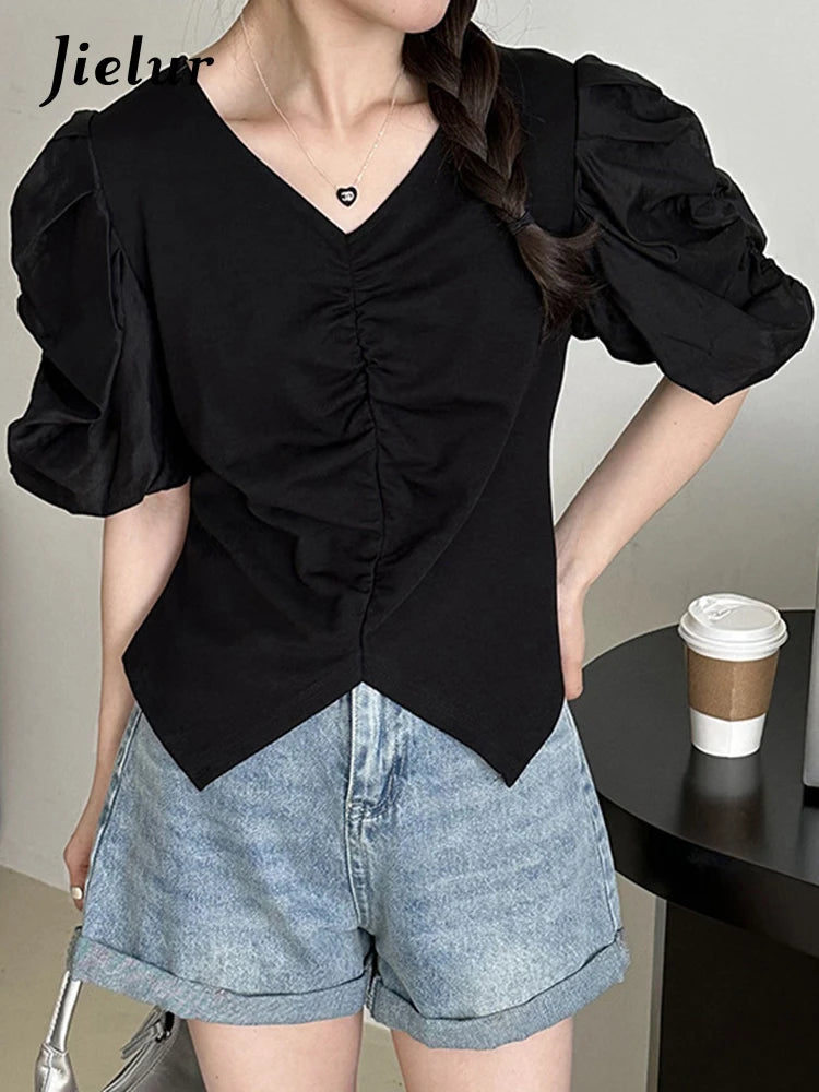 Pleated Solid Color Puff Sleeve Women Blouse White V-neck French Style Elegant Female Blouses Summer Chic Office Ladies