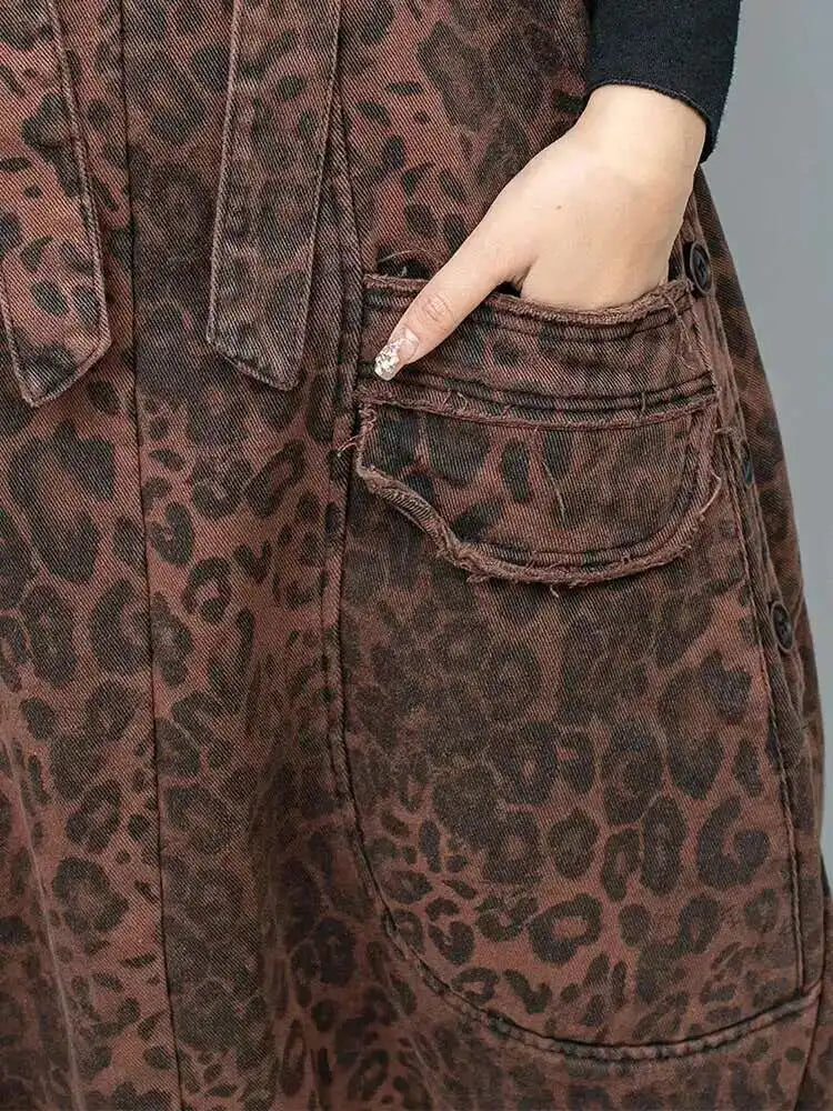 High Waist Leopard Print Denim Pocket Big Size Overalls Wide Leg Jeans New Women Fashion Tide Spring Autumn 2025 1DH6428