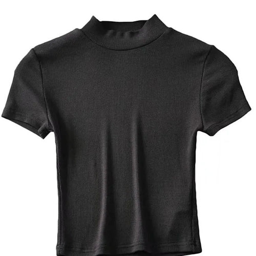 Load image into Gallery viewer, Women High Neck Fitted Short Sleeve T-shirt Rib Crop Rib Top
