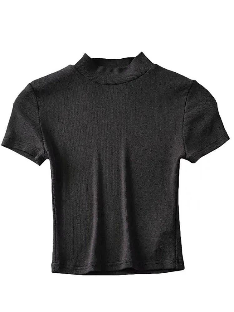 Women High Neck Fitted Short Sleeve T-shirt Rib Crop Rib Top