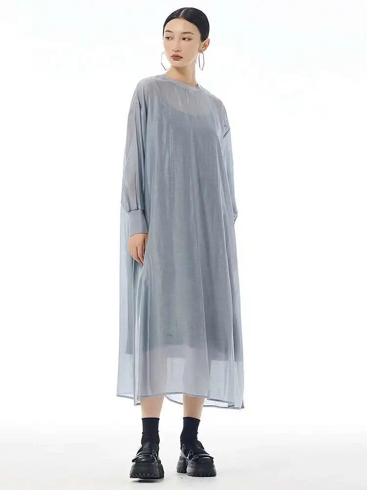 Women Khaki Mesh Perspective Big Size Thin Dress New Round Neck Long Sleeve Fashion Tide Spring Autumn 2025 1DH7412