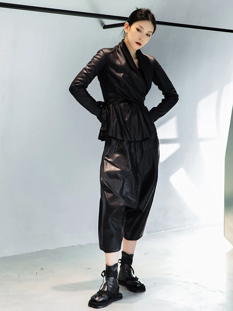 High Elastic Waist Black Leather Long Harem Trousers New Loose Fit Pants Women Fashion Tide Spring Autumn 2025 1DE3072