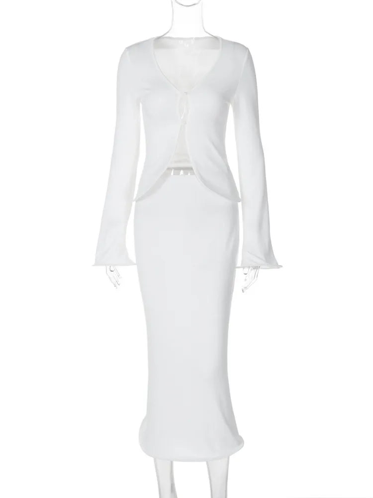 Elegant Sexy Skirt Two Piece Sets Women Autumn New V Neck Long Sleeve T-shirt And Long Skirt Matching Two Piece Sets