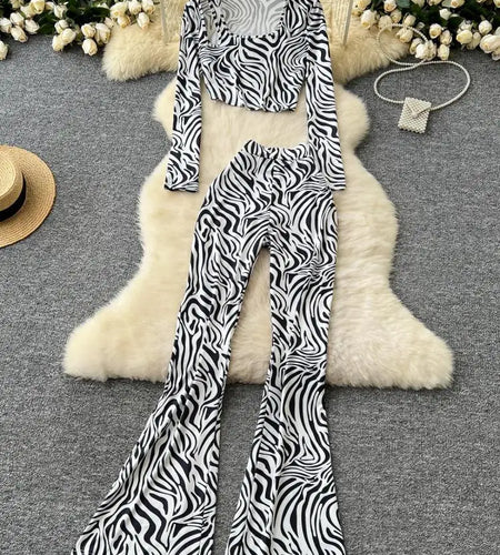 Autumn Winter Retro Fashion Two Pieces Suit Women Zebra Print Elegant Hollow Out Pullovers Tops + High Waist Wide Legs Pants Set