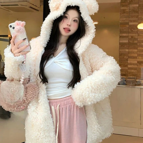 Load image into Gallery viewer, Japanese Style Autumn Winter Women Sweet Lamb Wool Jacket Kawaii Soft Bear Ears Hooded Coats Kawaii Tops Y2k Girls Cute Outwear
