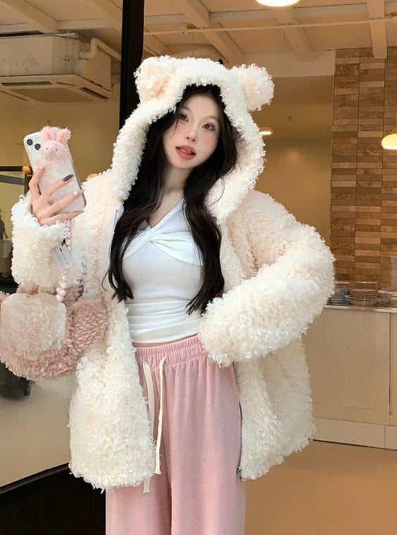 Japanese Style Autumn Winter Women Sweet Lamb Wool Jacket Kawaii Soft Bear Ears Hooded Coats Kawaii Tops Y2k Girls Cute Outwear