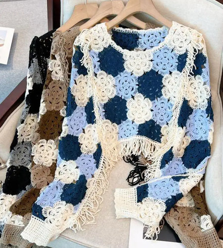 French Vintage 2024 New Women's Patchwork Tassel Hollow Out Long Sleeved Crochet Sweater Autumn Round Neck Elegant Knitted Tops