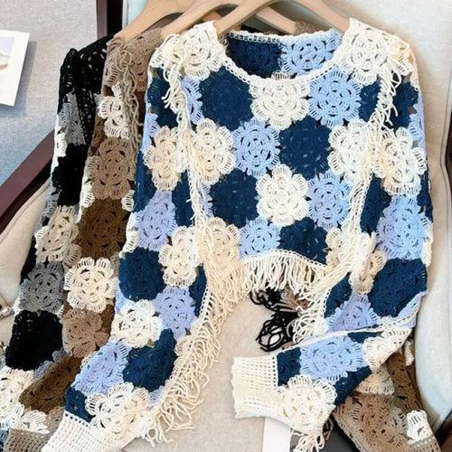 Load image into Gallery viewer, French Vintage 2024 New Women's Patchwork Tassel Hollow Out Long Sleeved Crochet Sweater Autumn Round Neck Elegant Knitted Tops
