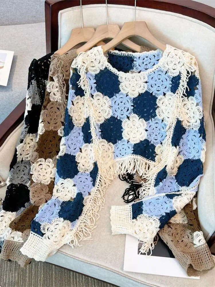 French Vintage 2024 New Women's Patchwork Tassel Hollow Out Long Sleeved Crochet Sweater Autumn Round Neck Elegant Knitted Tops