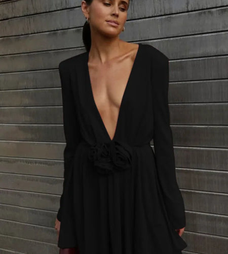 Sexy Deep V Long Sleeved 3D Floral Dress For Women 2024 Autumn New Fashion Pullover Skinny Mini Dress Party Clubwear