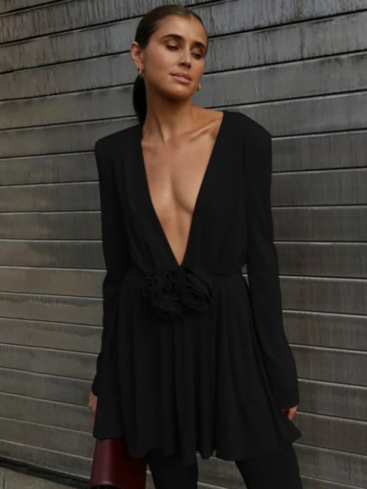 Sexy Deep V Long Sleeved 3D Floral Dress For Women 2024 Autumn New Fashion Pullover Skinny Mini Dress Party Clubwear