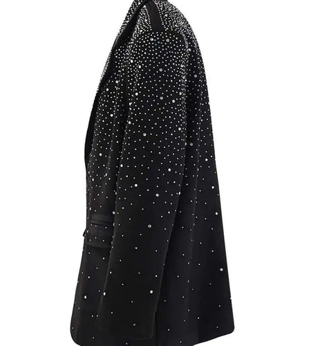 Women Black Rhinestones Shining Big Size Elegant Blazer New Lapel Long Sleeve Jacket Fashion Spring Autumn 2025 CPG2248