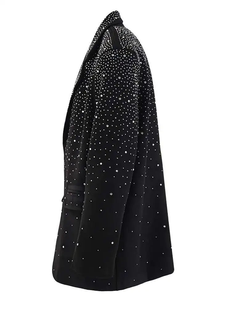 Women Black Rhinestones Shining Big Size Elegant Blazer New Lapel Long Sleeve Jacket Fashion Spring Autumn 2025 CPG2248