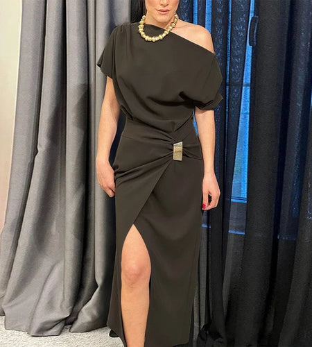 Urban Office Lady One-shoulder Asymmetric Long Dresses 2025 Summer Spring New Split-front Maxi Evening Dresses Women