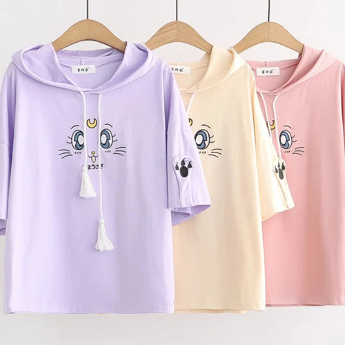 Load image into Gallery viewer, Purple Cartoon Embroidery Kawaii Hoodies Cotton Hooded Sweatshirt Women Summer Sweet Style Korean Female Short Sleeve Tops
