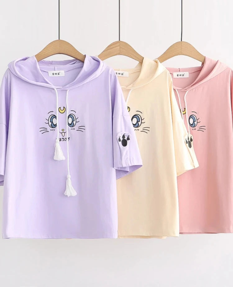 Purple Cartoon Embroidery Kawaii Hoodies Cotton Hooded Sweatshirt Women Summer Sweet Style Korean Female Short Sleeve Tops