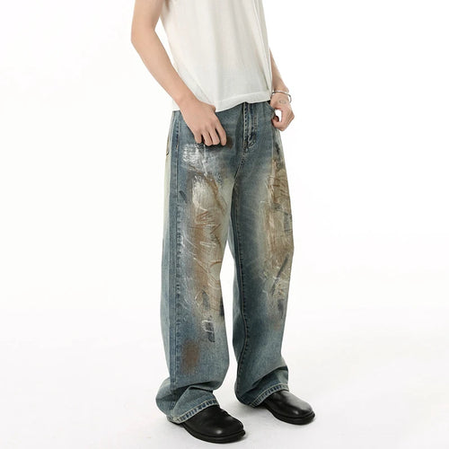 Load image into Gallery viewer, Men&#39;s Jeans New American Style High Street Graffiti Design Straight Wide Leg Trendy Distressed Male Denim Pants 9W1836
