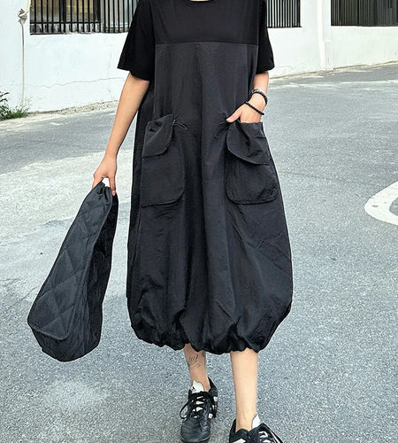 Women Black Drawstring Pocket Big Size Midi Dress New Round Neck Shhort Sleeve Fashion Tide Spring Summer 2025 1DJ0773