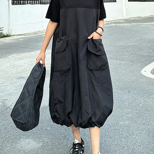 Load image into Gallery viewer, Women Black Drawstring Pocket Big Size Midi Dress New Round Neck Shhort Sleeve Fashion Tide Spring Summer 2025 1DJ0773
