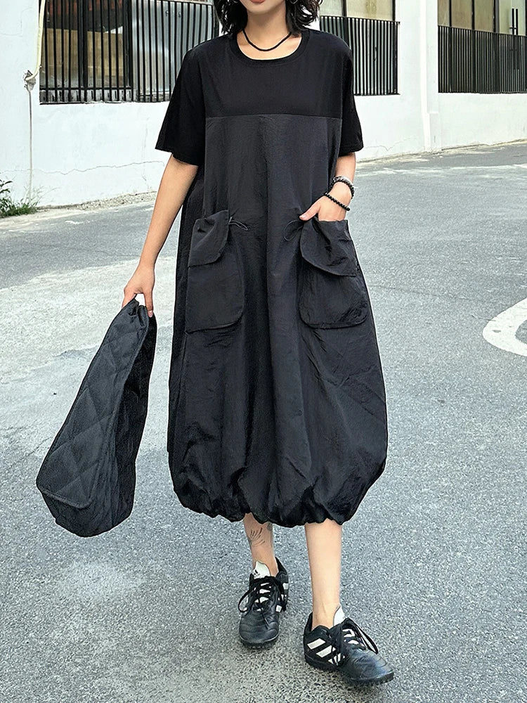 Women Black Drawstring Pocket Big Size Midi Dress New Round Neck Shhort Sleeve Fashion Tide Spring Summer 2025 1DJ0773
