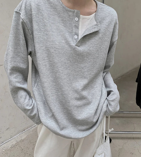 Women Gray Button Spliced Color-block Big Size T-shirt New Round Neck Long Sleeve Fashion Tide Spring Autumn 2025 1DH8356