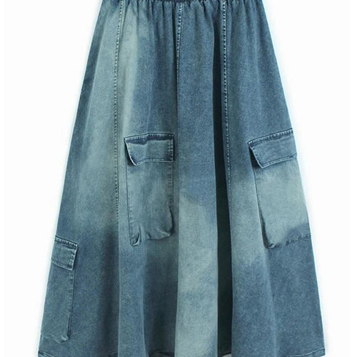 Load image into Gallery viewer, High Elastic Waist Blue Pocket Denim Vintage A-line Half-body Skirt Women Fashion Tide New Spring Autumn 2025 1DH9644

