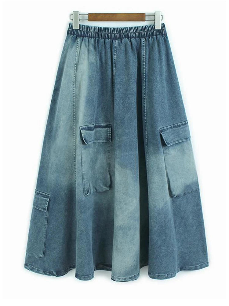 High Elastic Waist Blue Pocket Denim Vintage A-line Half-body Skirt Women Fashion Tide New Spring Autumn 2025 1DH9644