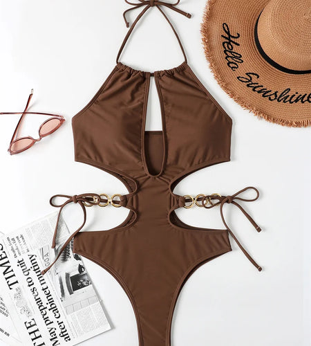 Halter Hollow Out One Piece Swimsuit Women Swimwear 2025 Drawstring High Waist Bathing Suits Bodysuit Women Monokini