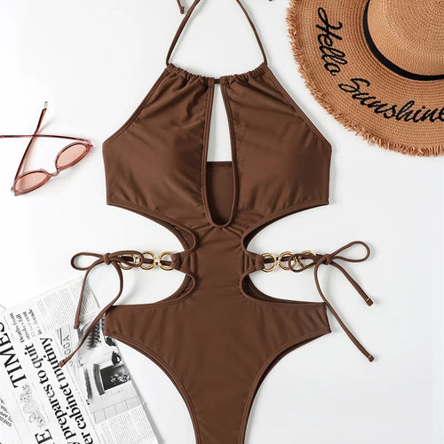 Load image into Gallery viewer, Halter Hollow Out One Piece Swimsuit Women Swimwear 2025 Drawstring High Waist Bathing Suits Bodysuit Women Monokini
