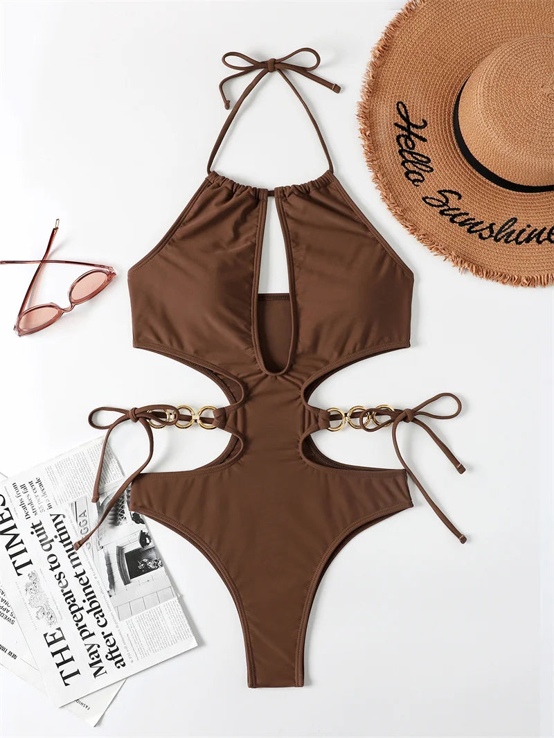 Halter Hollow Out One Piece Swimsuit Women Swimwear 2025 Drawstring High Waist Bathing Suits Bodysuit Women Monokini