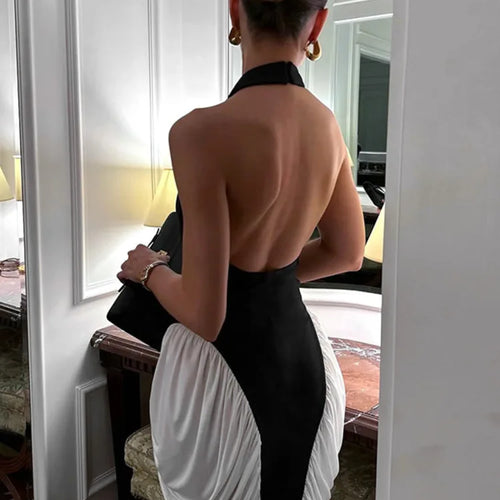 Load image into Gallery viewer, Patchwork Halter Backless Sexy Midi Dress Women Gown Elegant Fashion Contrast Color Sleeveless Pleated Long Dress

