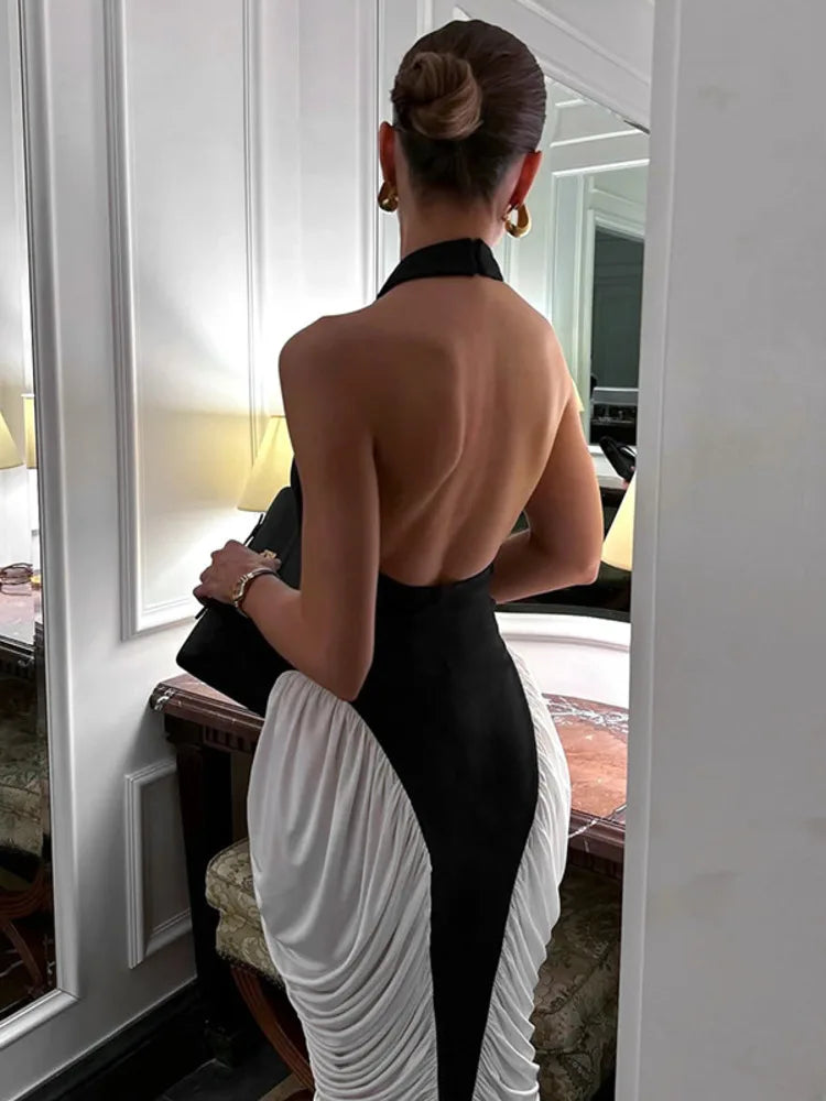Patchwork Halter Backless Sexy Midi Dress Women Gown Elegant Fashion Contrast Color Sleeveless Pleated Long Dress