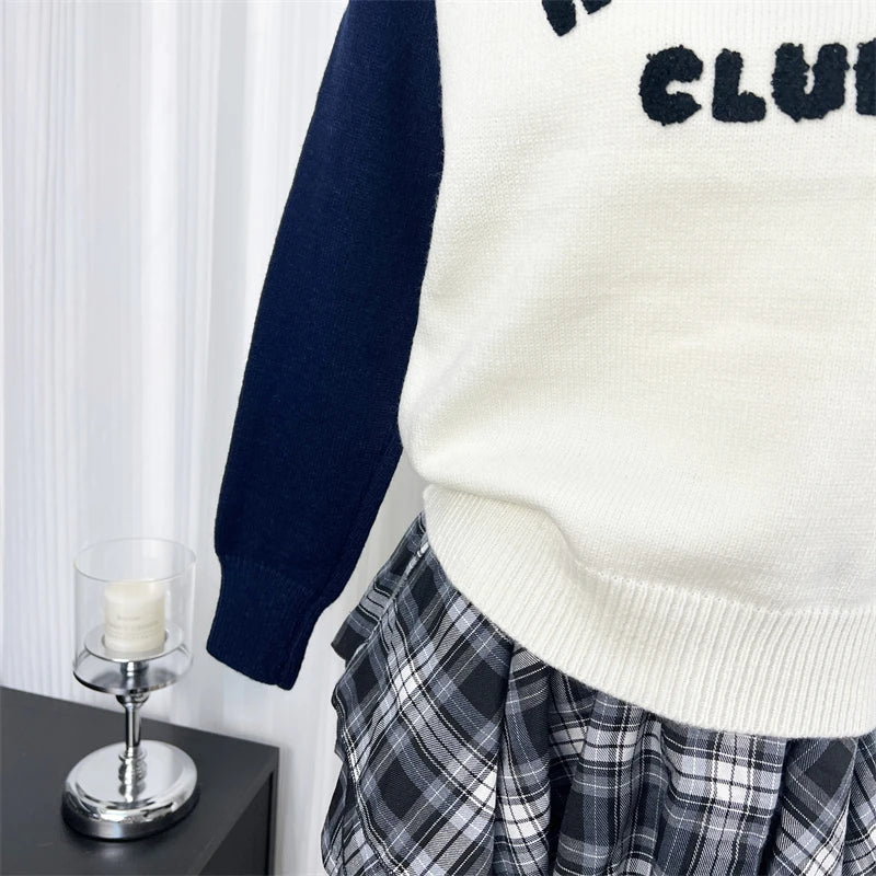 Autumn Winter Elegant Black White Colorblock Letter Embroidery Sweater Women Round Neck Long Sleeves Knit Pullover Top Versatile