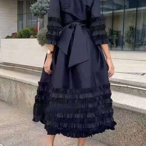 Load image into Gallery viewer, Patchwork Edible Tree Fungus Elegant Dresses For Women V Neck Half Sleeve High Waist Spliced Lace Up Solid Dress Female New
