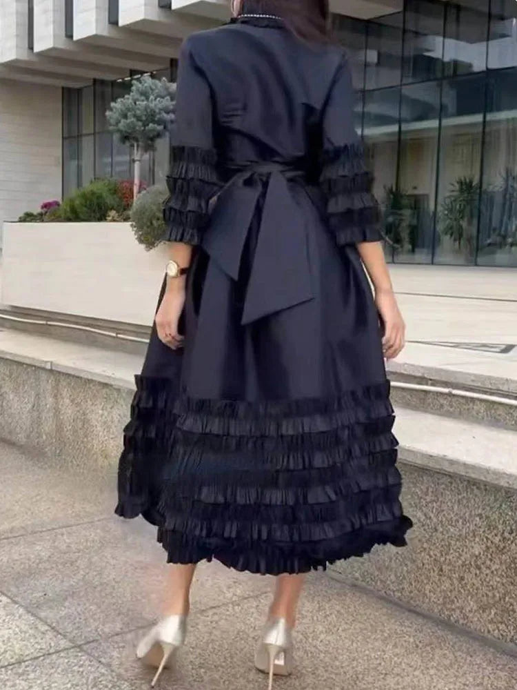 Patchwork Edible Tree Fungus Elegant Dresses For Women V Neck Half Sleeve High Waist Spliced Lace Up Solid Dress Female New