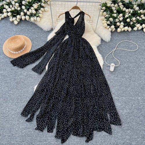 Load image into Gallery viewer, Black Dot Sexy Club V-neck Long Dress Women Slim Sleeveless Backless Irregular Vest Dresses 2024 Summer Ladies New Vestidos Chic
