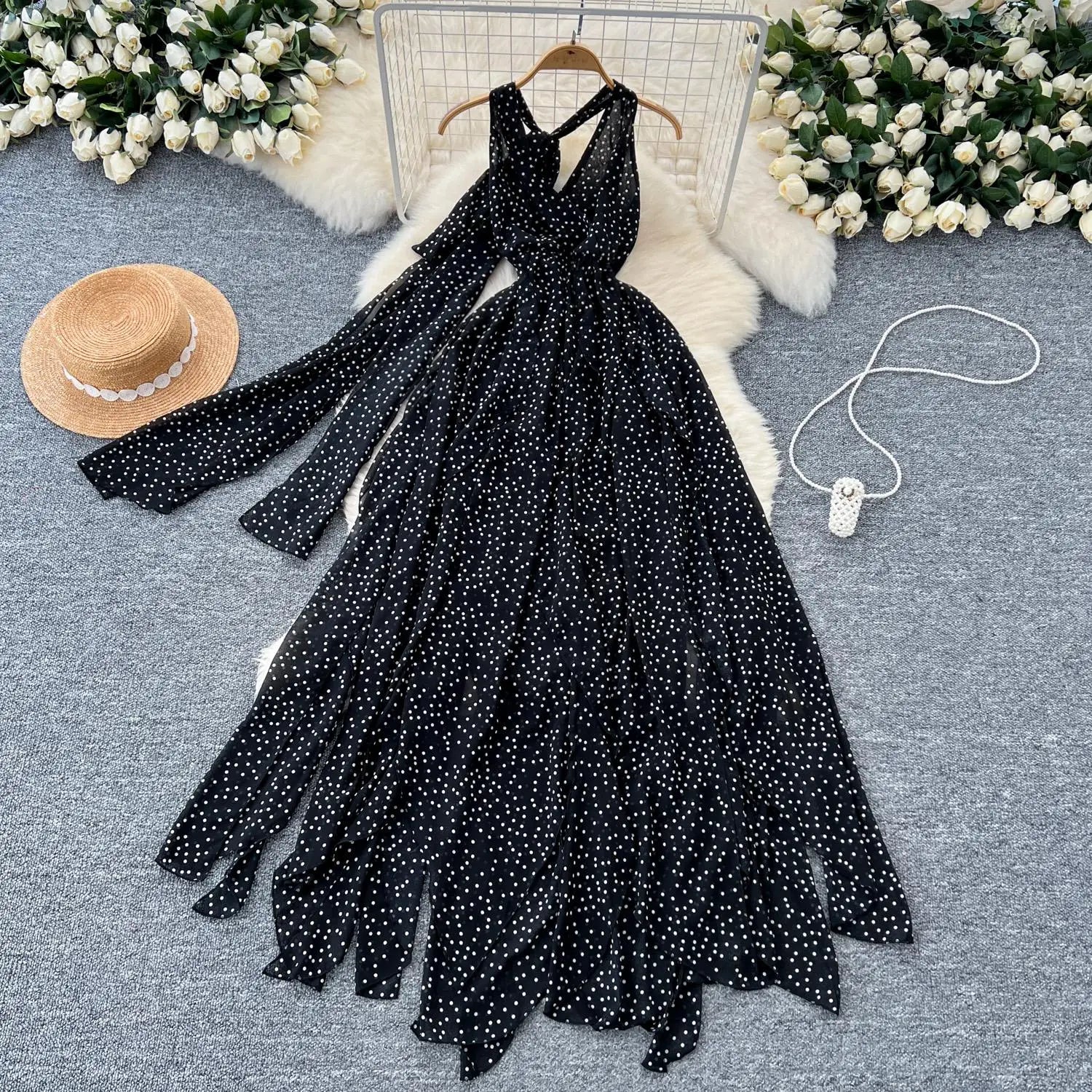 Black Dot Sexy Club V-neck Long Dress Women Slim Sleeveless Backless Irregular Vest Dresses 2024 Summer Ladies New Vestidos Chic