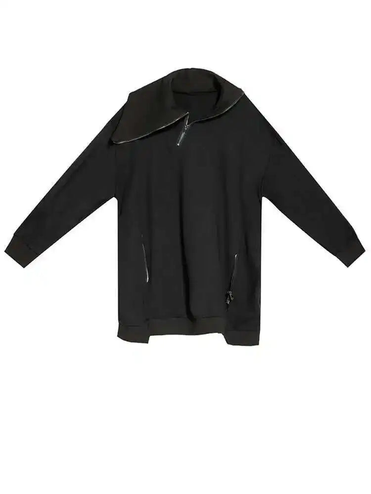 Loose Fit Black Zipper Irregular Sweatshirt New Turtleneck Long Sleeve Women Big Size Fashion Spring Autumn 2025 1DH0576