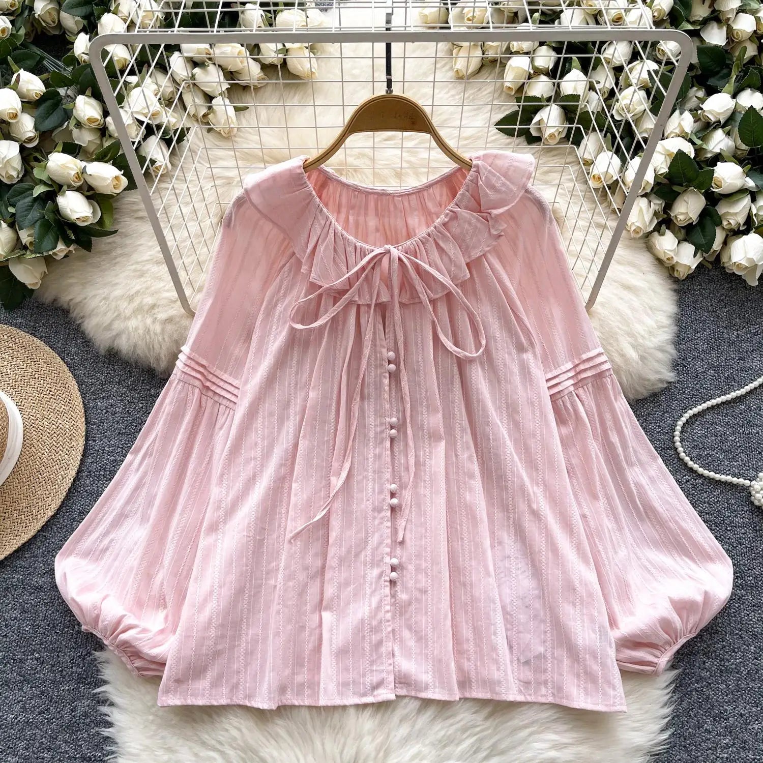 French Woman Solid Long Sleeve Lace-up Shirt Ladies Sweet Ruffle Edges Blouse Autumn Fashion New Single Breasted Short Tops Chic