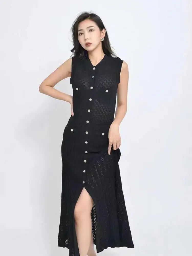 Ladies 2024 Summer Black Sexy Sleeveless O-neck Single Breasted Knit Dress Women Green Elegant Slim Fashion Pleated Long Dresses